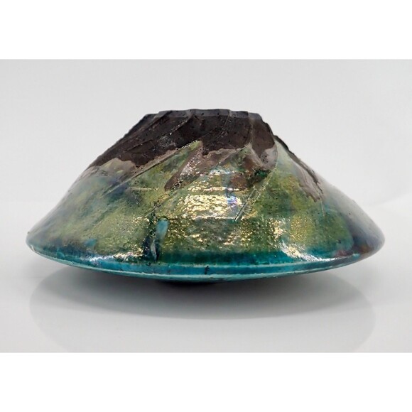 Turquoise Blue Signed Raku Sculpture Pottery Vase Bowl Iridescent Drip Glaze 8" - Picture 10 of 16